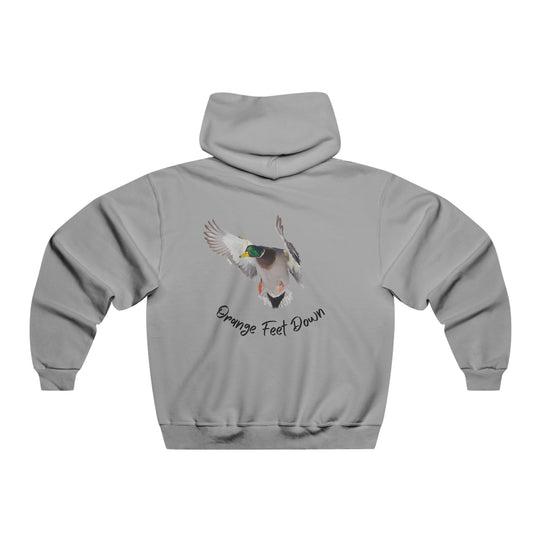 A grey hoodie featuring a duck design, made of 50% cotton and 50% polyester blend. This Men's NUBLEND® Hooded Sweatshirt offers a loose fit, front pouch pocket, and smooth printing surface.