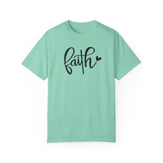 A green Faith Tee, garment-dyed 100% ring-spun cotton, with a relaxed fit. Soft-washed fabric, double-needle stitching, and seamless design for durability and comfort. From Worlds Worst Tees.