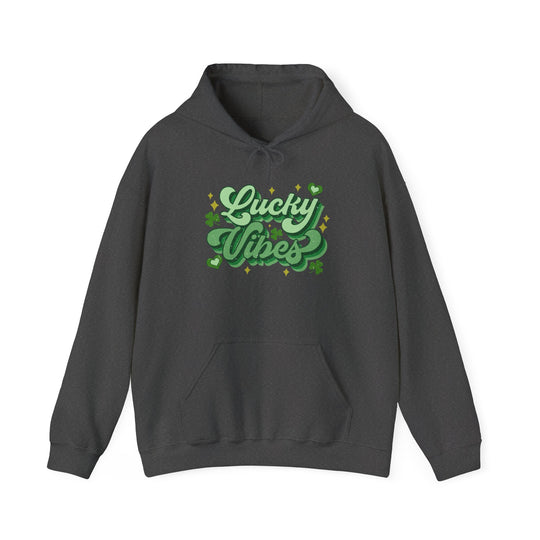 Good Day Lucky Day Hoodie: Grey sweatshirt with green text, unisex fit, featuring a kangaroo pocket and color-matched hood drawstring for style and comfort.