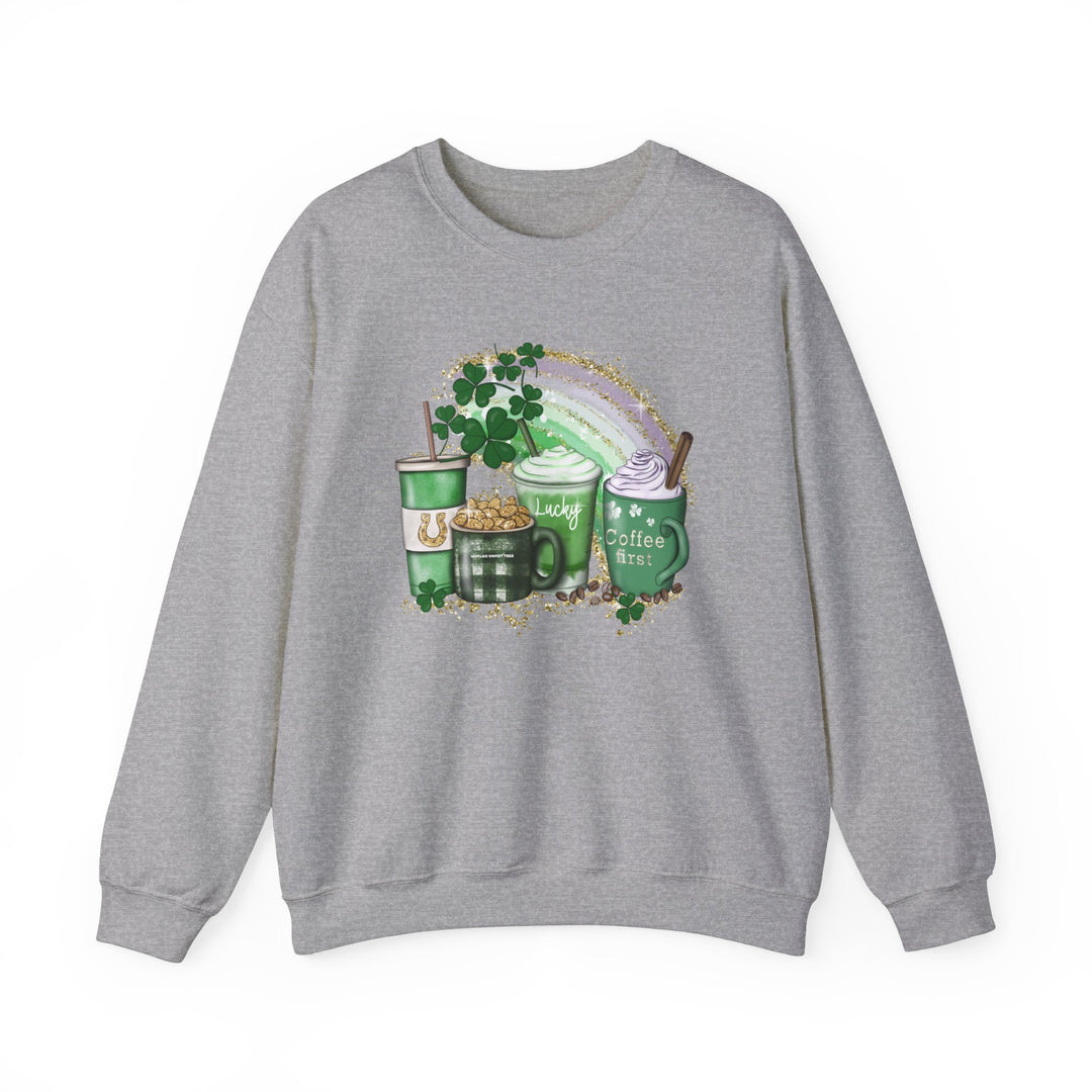 Unisex Lucky Coffee Crew sweatshirt featuring a rainbow and coffee cup design. Medium-heavy fabric, ribbed knit collar, and comfortable loose fit. Perfect for casual comfort.