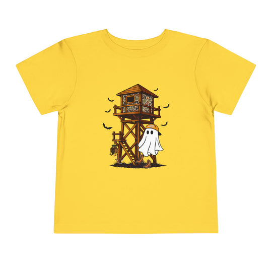 Ghost Hunter Toddler Tee features a playful Halloween design with a ghost in a hunting camp scene, perfect for adding fun to any child's wardrobe.