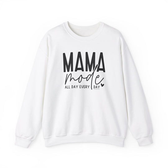 Unisex Mama Mode Crew sweatshirt, white with black text. Heavy blend fabric, ribbed knit collar, no itchy side seams. 50% cotton, 50% polyester, loose fit, true to size. Sizes: S-5XL.