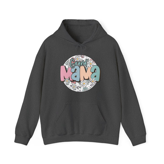 A grey hooded sweatshirt featuring a white circle with colorful text, embodying comfort and style. Unisex heavy blend of cotton and polyester, with a kangaroo pocket and matching drawstring. Sassy Grand Mama Flower Hoodie by Worlds Worst Tees.