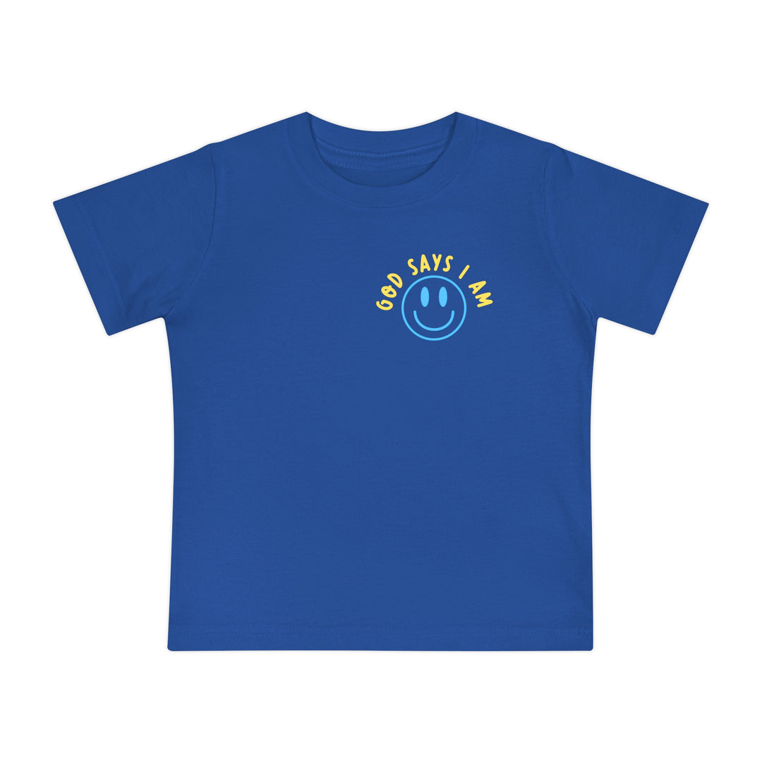 I AM Baby Tee: Royal-blue baby T-shirt featuring a light-blue smiling face graphic and GOD SAYS I AM in yellow, designed for comfort and durability.
