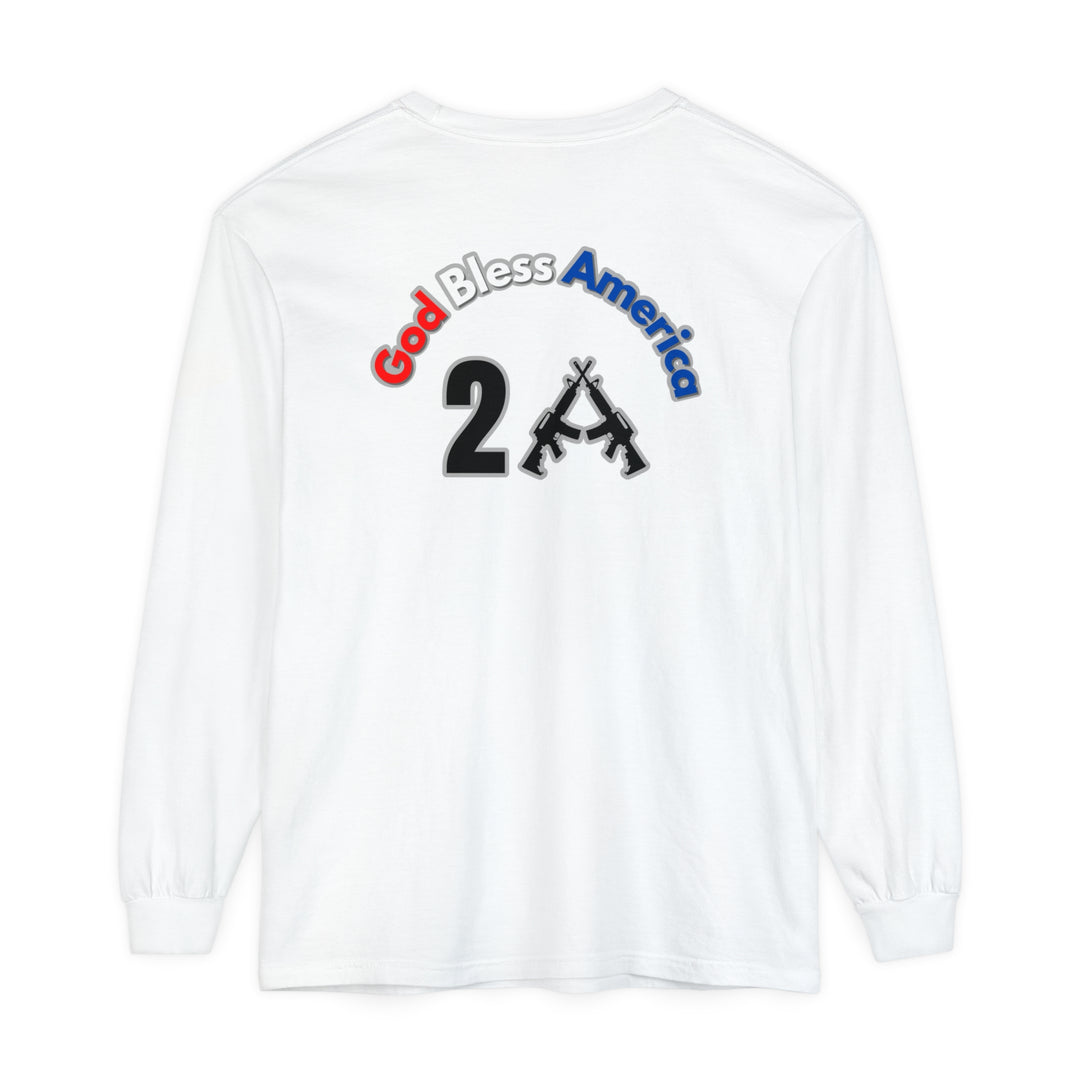 A white long-sleeve tee featuring a logo with two guns and text, embodying the God Bless America 2A Long Sleeve Tee by Worlds Worst Tees. Made of 100% ring-spun cotton with a classic fit for comfort.