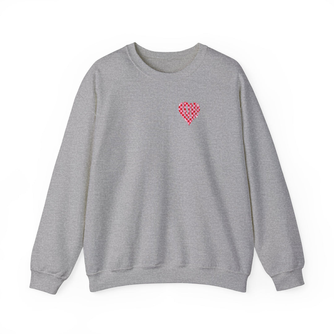 Unisex Love Crew grey sweatshirt with heart design. Polyester-cotton blend, ribbed knit collar, no itchy seams. Medium-heavy fabric, loose fit, sizes S-5XL. Sewn-in label.