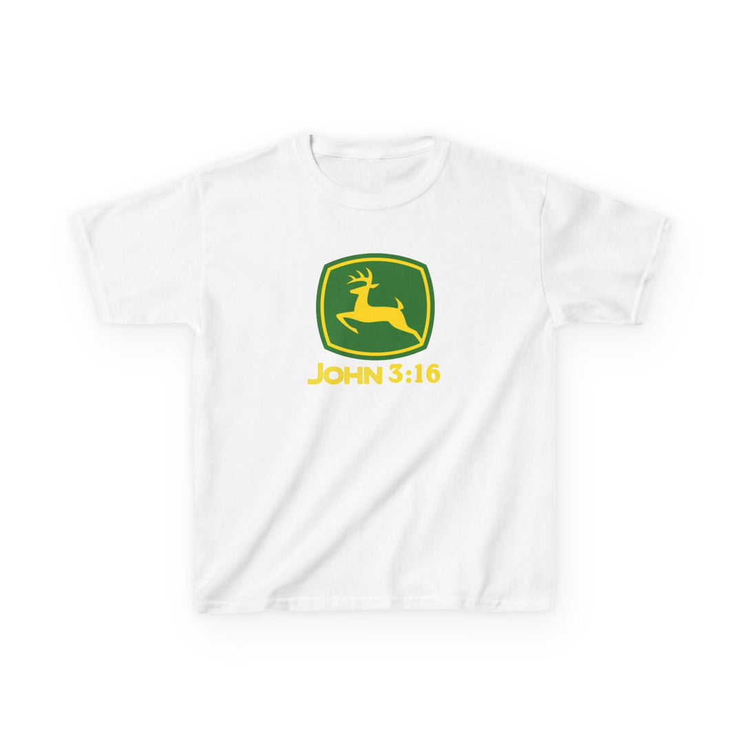 John 3:16 Kids Tee featuring a playful green shield with a yellow leaping deer silhouette and verse, on a durable, soft cotton T-shirt.