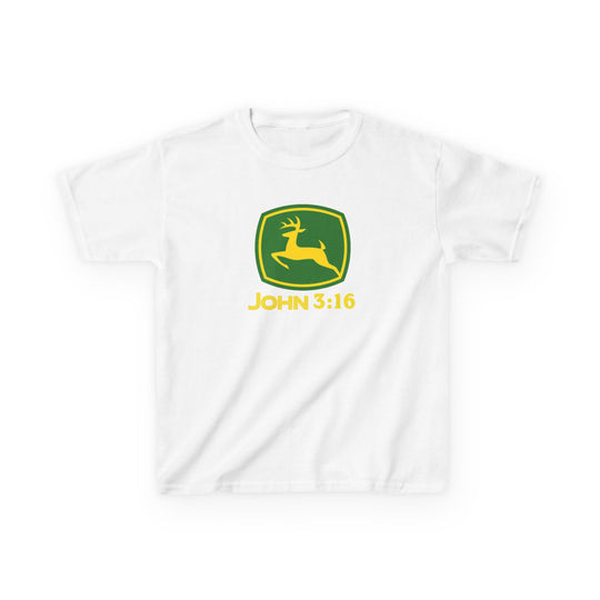 John 3:16 Kids Tee featuring a playful green shield with a yellow leaping deer silhouette and verse, on a durable, soft cotton T-shirt.