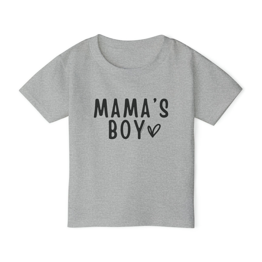 Mama's Boy Toddler Tee, a grey shirt with black text, offers top-tier softness with a classic fit. Made with 100% cotton for all-day comfort. Sizes available: 2T, 3T, 4T, 5T, 6T.