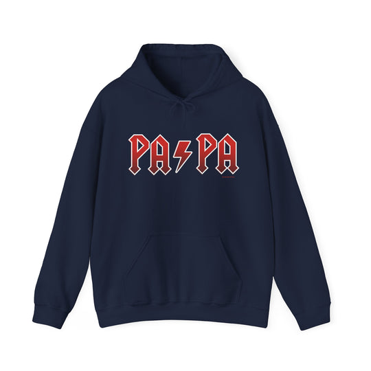 A cozy unisex Pa/Pa Hoodie in blue with red accents. Thick cotton-polyester blend, kangaroo pocket, and matching drawstring. Perfect for chilly days. Classic fit, tear-away label, true to size.