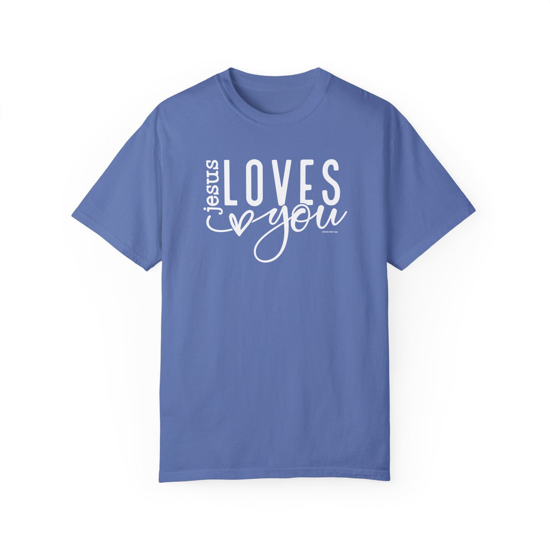 A relaxed fit Jesus Loves You Tee made of 100% ring-spun cotton. Garment-dyed for extra coziness, double-needle stitching for durability, and no side-seams for a tubular shape. From Worlds Worst Tees.