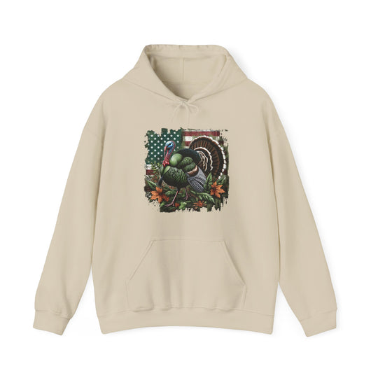 A white hoodie featuring a turkey design, ideal for hunting enthusiasts. Unisex heavy blend with cotton and polyester, kangaroo pocket, and drawstring hood. Medium-heavy fabric, tear-away label, classic fit.