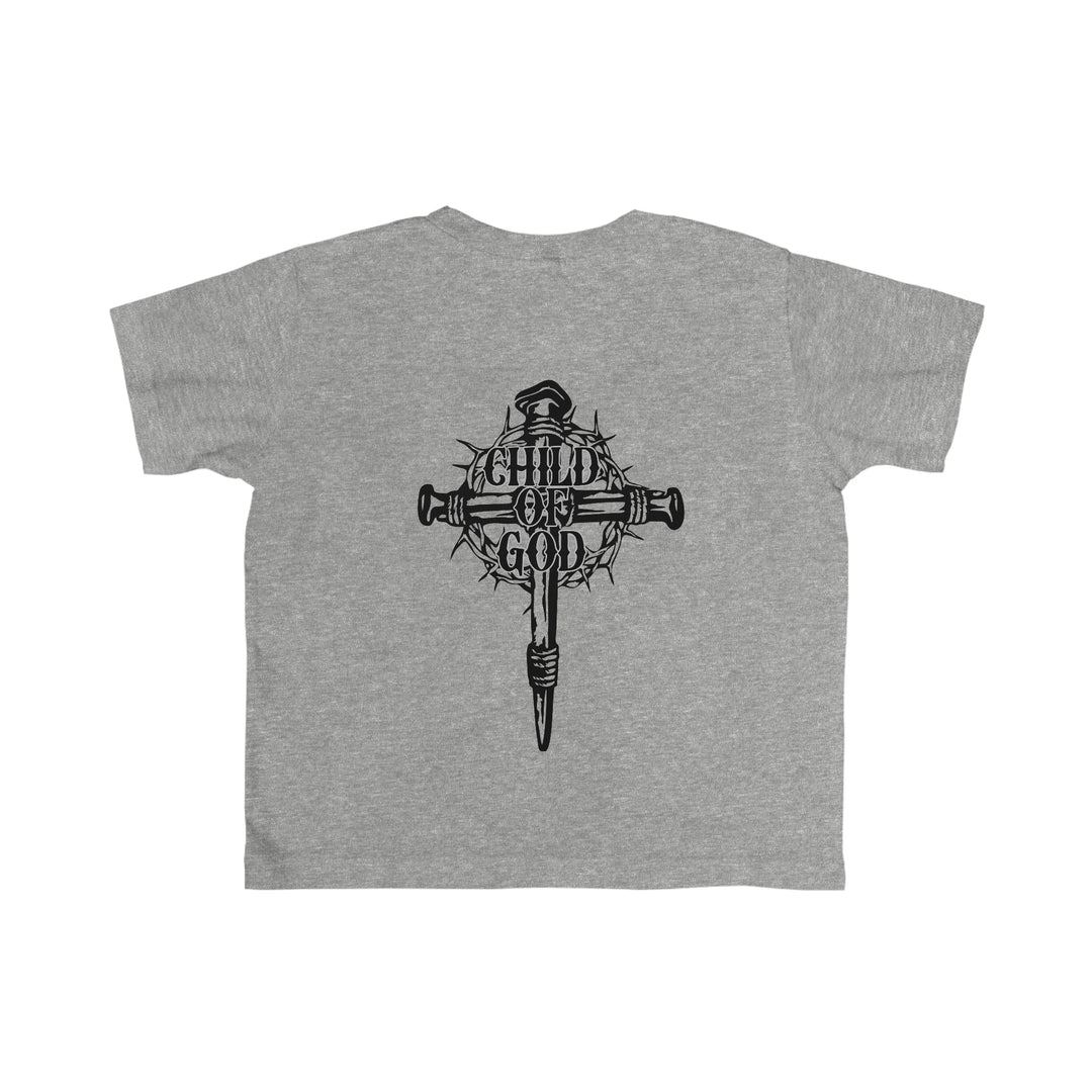 Child of God Tee: Grey shirt with a cross and thorns logo, ideal for toddlers. 100% ringspun cotton, light fabric, tear-away label, classic fit. Perfect for sensitive skin.