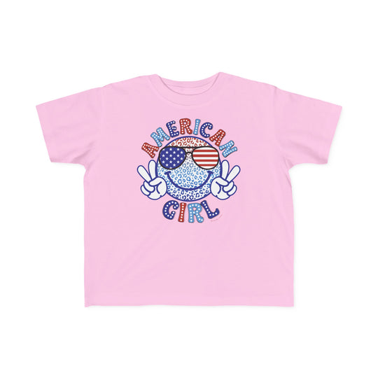 American Girl Toddler Tee featuring a pink shirt with a cartoon leopard and peace sign print. Soft 100% combed ringspun cotton, light fabric, tear-away label, and classic fit. Sizes: 2T, 3T, 4T, 5-6T.