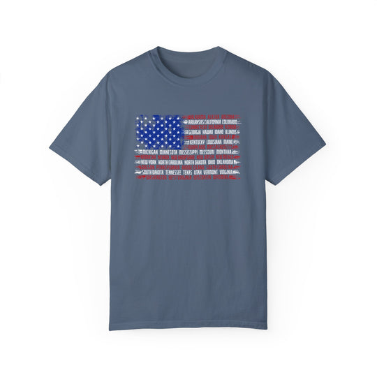 A relaxed fit State Flag Tee crafted from 100% ring-spun cotton. Garment-dyed for extra coziness, featuring double-needle stitching for durability and a seamless design for a tubular shape.