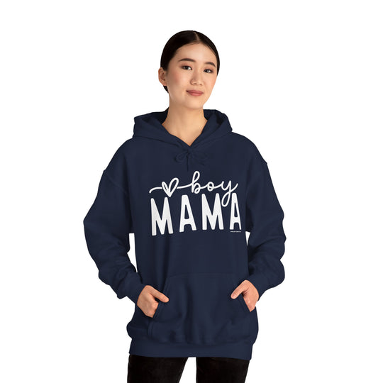 A woman wearing a blue Boy Mama hoodie, featuring a logo, kangaroo pocket, and drawstring hood. Unisex heavy blend for warmth and comfort on cold days. Sizes from S to 5XL.