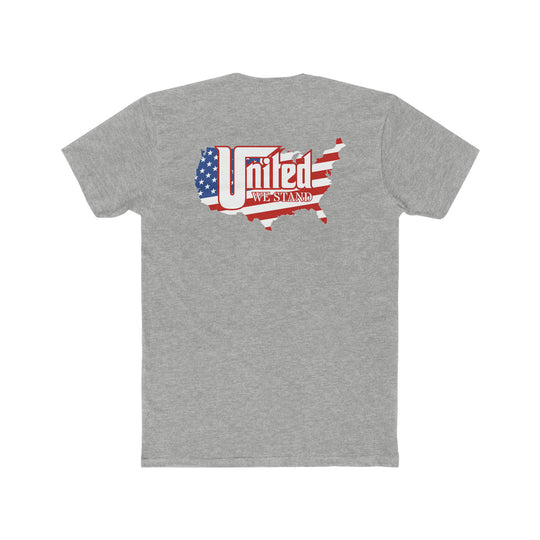 A premium United We Stand Tee, featuring a grey shirt with a map of the United States and a flag design. Comfy and light, made of 100% combed, ring-spun cotton. Ideal for workouts or daily wear.