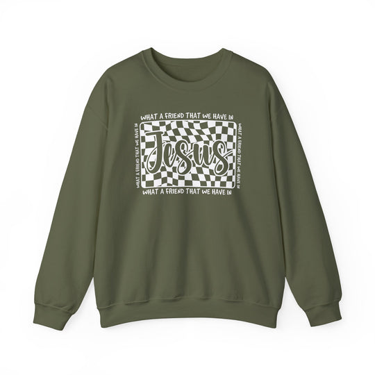 Unisex olive-green crewneck sweatshirt featuring a wavy checkerboard graphic with Jesus script, surrounded by What a friend we have in Jesus text.