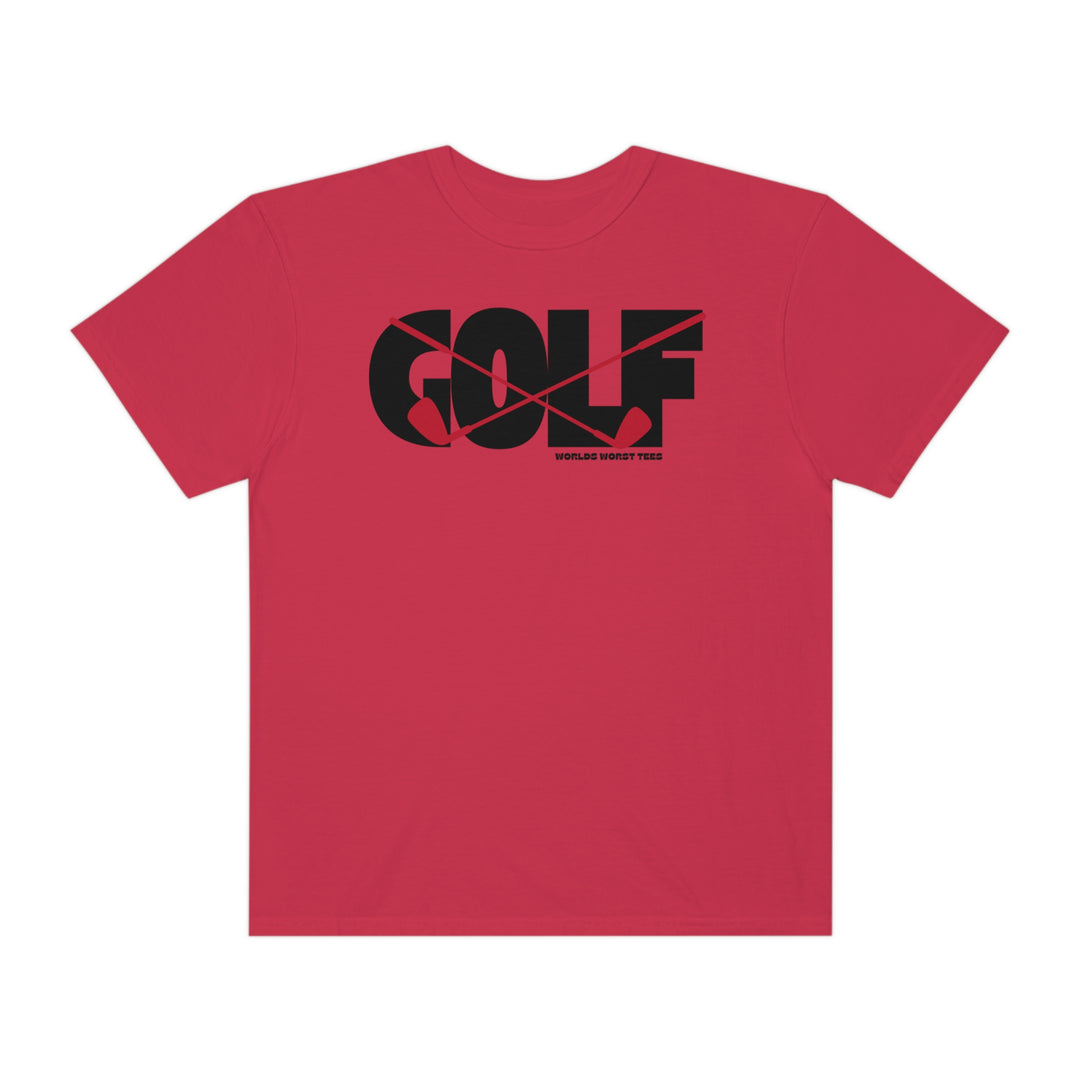 A relaxed-fit Golf Tee in red with black text, made of 100% ring-spun cotton. Soft-washed and garment-dyed for coziness, featuring double-needle stitching for durability and a seamless design for a tubular shape.