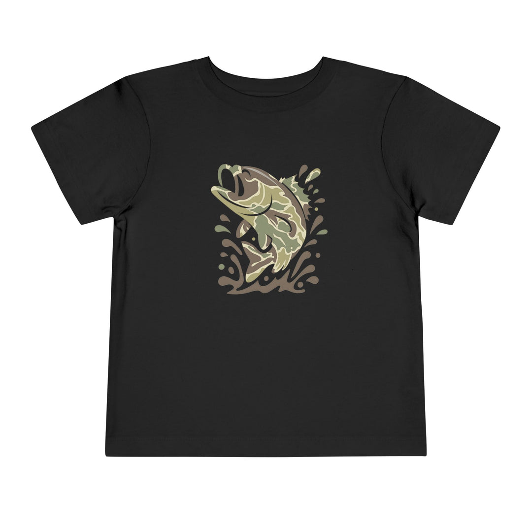 Camo Fish Toddler Tee: Black short-sleeve shirt featuring a stylized camo fish graphic leaping with splash effects. Made from soft, 100% cotton for toddler comfort.