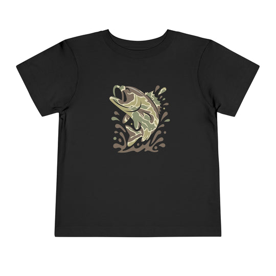 Camo Fish Toddler Tee: Black short-sleeve shirt featuring a stylized camo fish graphic leaping with splash effects. Made from soft, 100% cotton for toddler comfort.