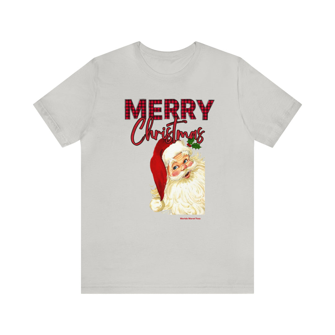 Christmas Santa Tee: A white t-shirt featuring a Santa Claus design. Unisex jersey tee with ribbed knit collar, Airlume combed cotton, and retail fit. Sizes XS to 5XL.