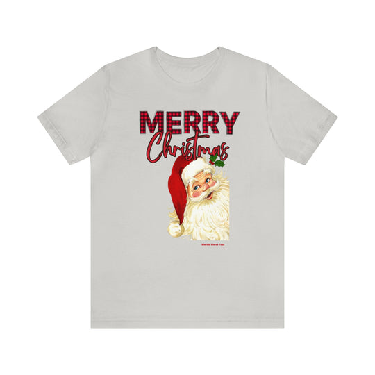 Christmas Santa Tee: A white t-shirt featuring a Santa Claus design. Unisex jersey tee with ribbed knit collar, Airlume combed cotton, and retail fit. Sizes XS to 5XL.
