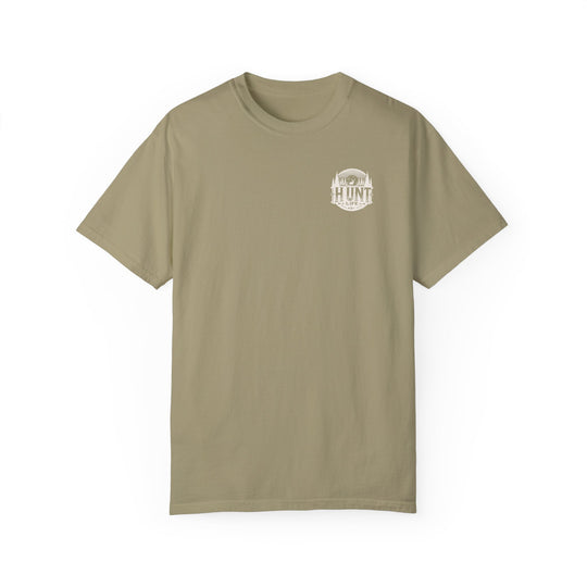 Raise Um Right Tee: Tan t-shirt with a logo featuring trees and deer. 100% ring-spun cotton, garment-dyed for coziness. Relaxed fit, durable double-needle stitching, no side-seams. From 'Worlds Worst Tees'.