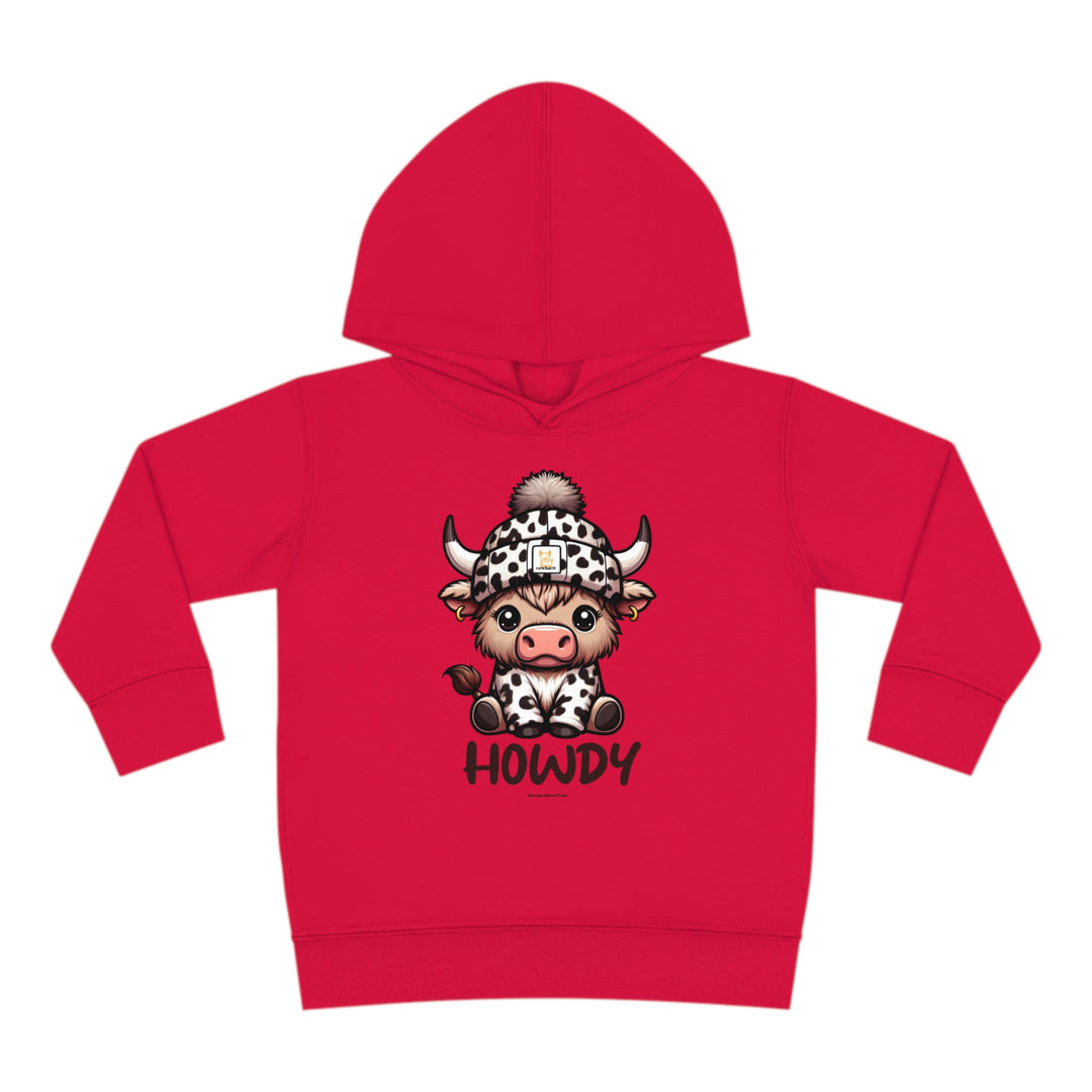 Toddler hoodie featuring a cow cartoon on a red background. Jersey-lined hood, cover-stitched details, and side seam pockets for durability and comfort. From Worlds Worst Tees.