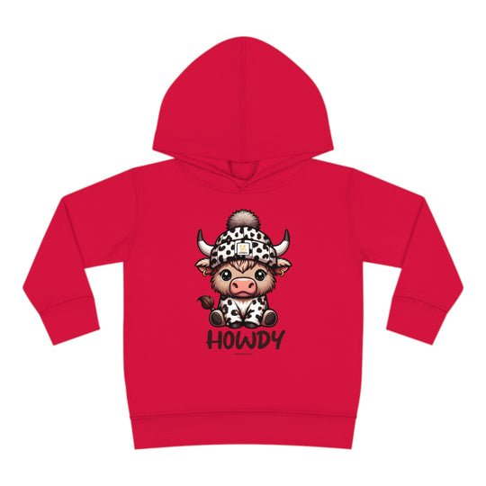 Toddler hoodie featuring a cow cartoon on a red background. Jersey-lined hood, cover-stitched details, and side seam pockets for durability and comfort. From Worlds Worst Tees.