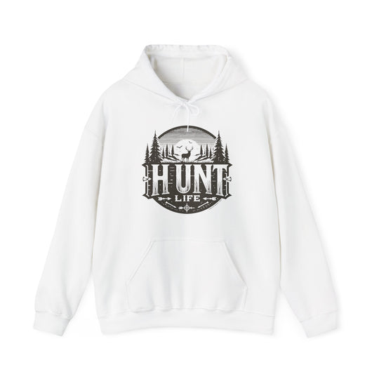 A white Hunt Life Hoodie with a logo, featuring a deer and birds silhouette. Unisex heavy blend, cotton-polyester fabric, kangaroo pocket, and drawstring hood. Classic fit, tear-away label, medium-heavy fabric.