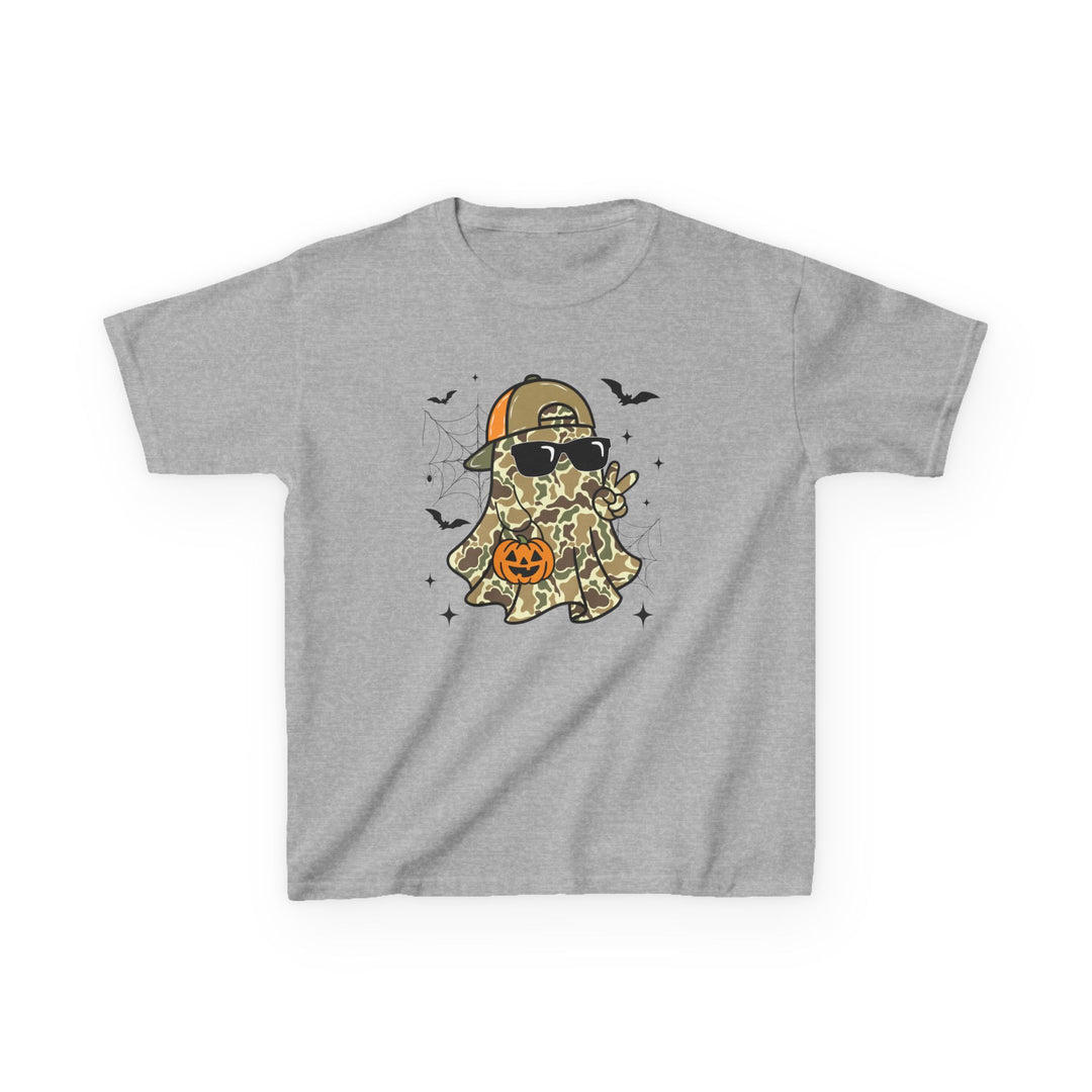 Candy Ghost Kids Tee featuring a camo ghost with a cap, sunglasses, peace sign, and jack-o’-lantern, surrounded by bats and spiderwebs. Perfect for Halloween style.