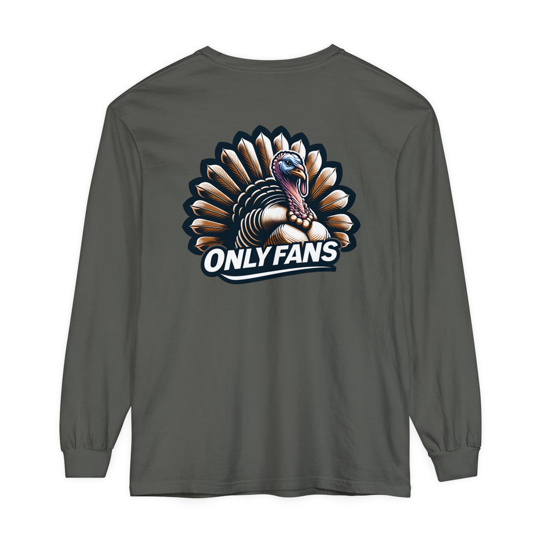 A classic fit Only Fans Hunting Long Sleeve T-Shirt in grey, featuring a turkey design. Made of 100% ring-spun cotton for softness and style. Perfect for casual comfort.