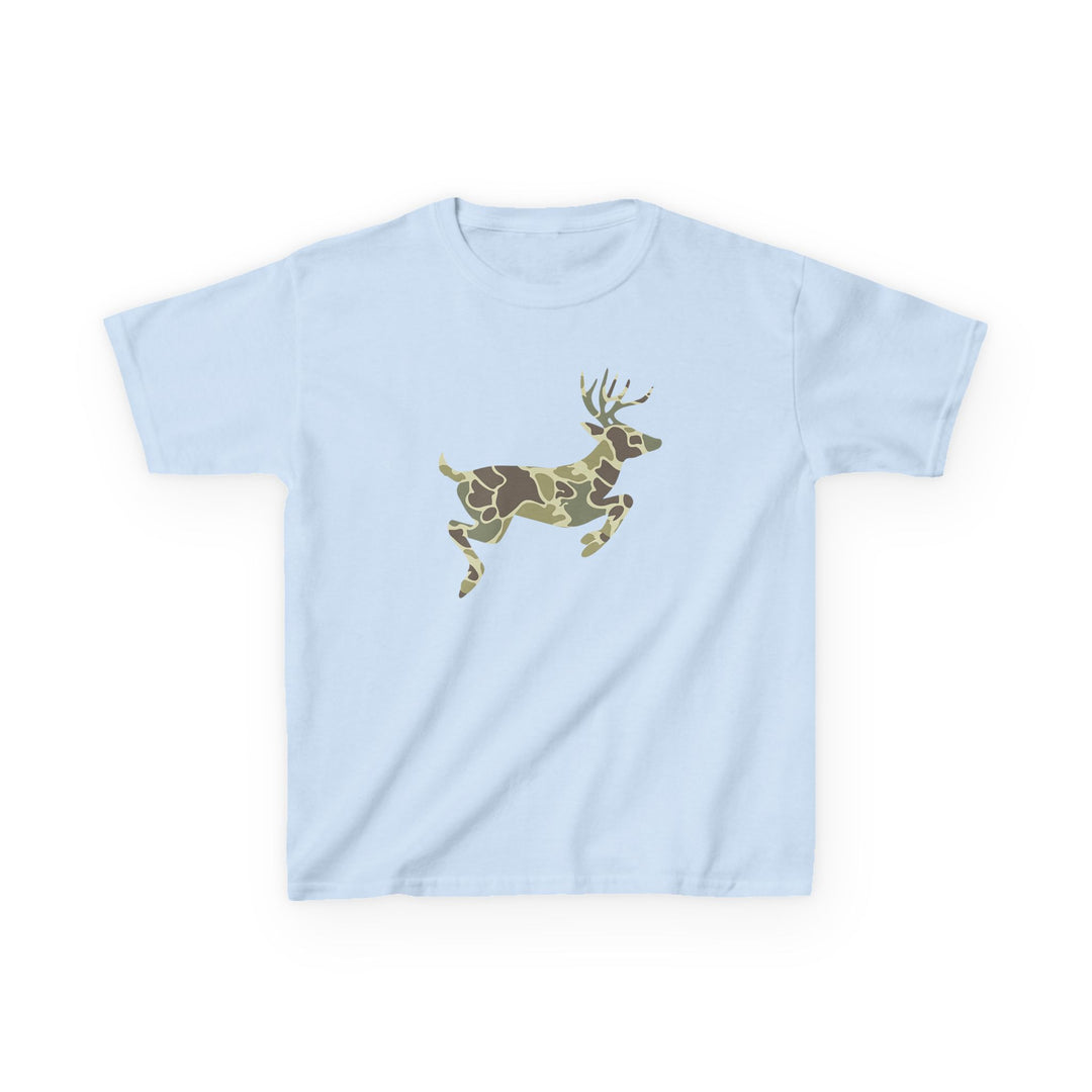 Camo Deer Kids Tee: Light-blue, short-sleeve T-shirt featuring a camouflage-patterned leaping deer graphic, ideal for everyday wear with durable, soft cotton fabric.