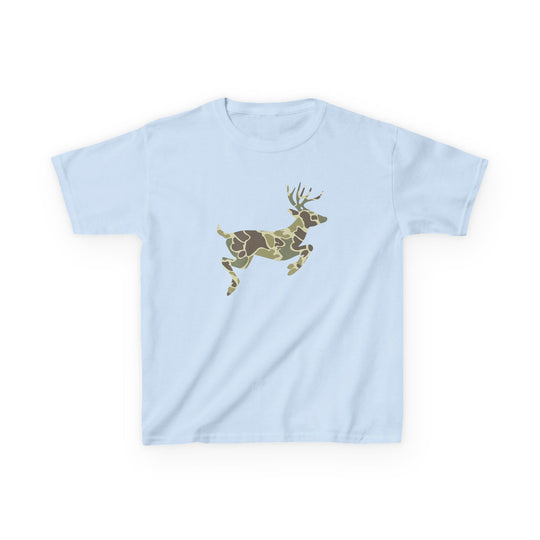 Camo Deer Kids Tee: Light-blue, short-sleeve T-shirt featuring a camouflage-patterned leaping deer graphic, ideal for everyday wear with durable, soft cotton fabric.