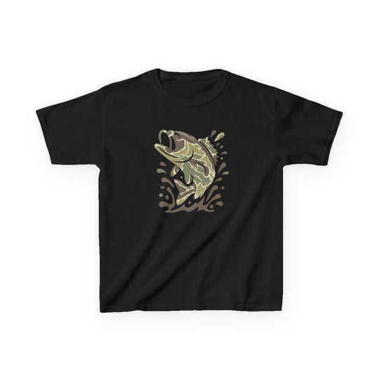 Camo Fish Kids Tee featuring a camo-style fish graphic leaping from water on a black short-sleeve T-shirt, showcasing durable, comfortable cotton fabric ideal for everyday wear.