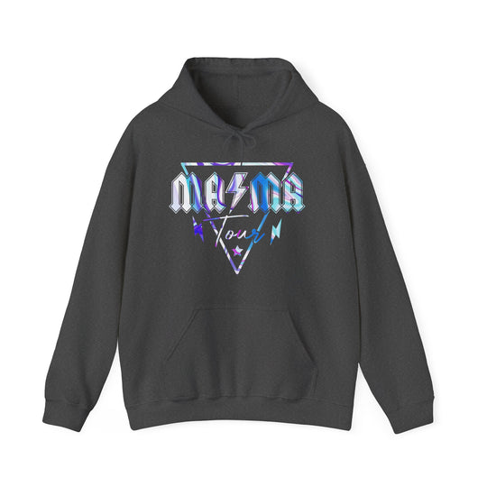Unisex Ma/Ma Band Hoodie, black sweatshirt with logo, purple triangle, and lightning bolt design. Heavy cotton-polyester blend, kangaroo pocket, matching drawstring, cozy for cold days. Classic fit, tear-away label, sizes S-5XL.