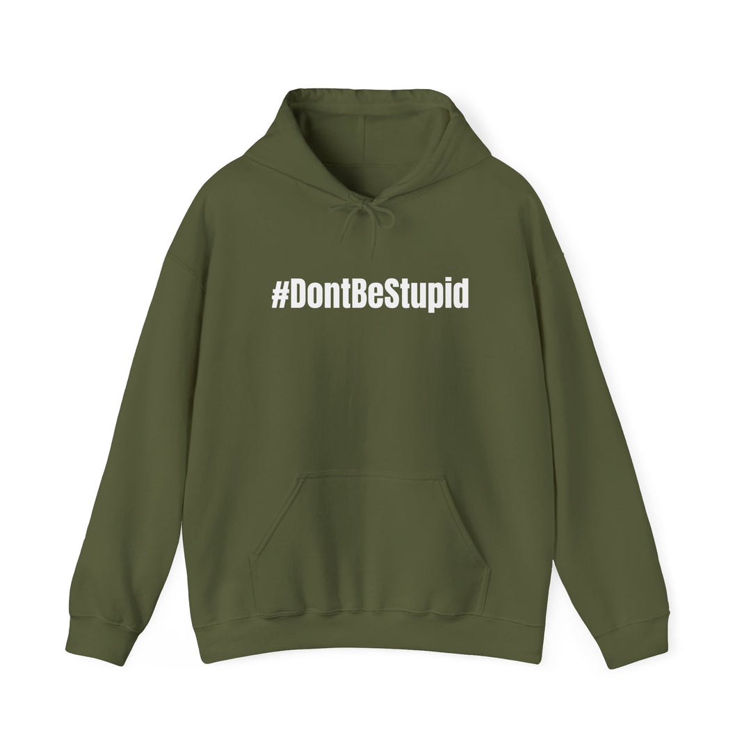A green #Don'tBeStupid Crew sweatshirt with white text, a logo close-up, and a kangaroo pocket. Unisex heavy blend fabric (50% cotton, 50% polyester) for warmth and comfort. No side seams, classic fit, tear-away label.