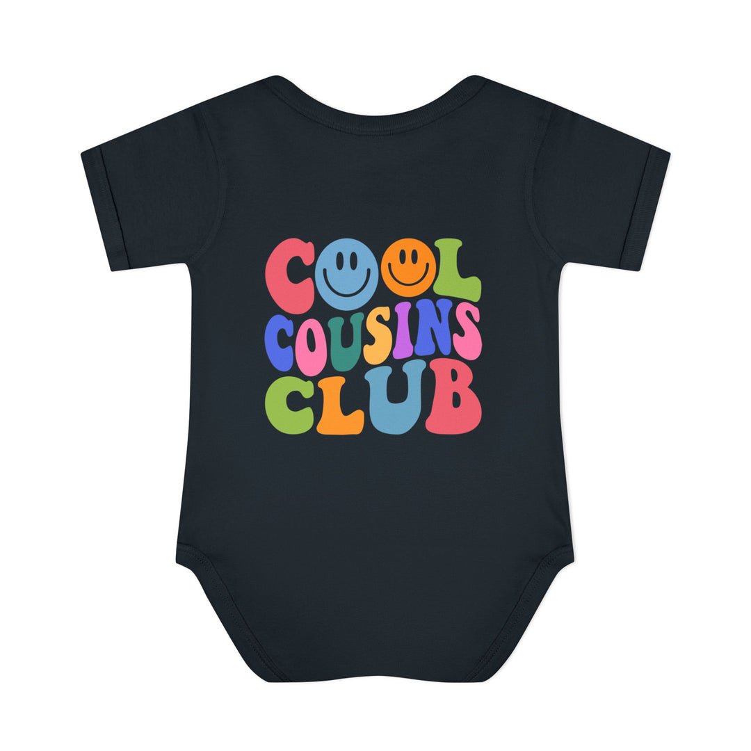 Infant Cool Cousins Club Onesie with lap shoulders, made of soft, ring-spun cotton for comfort. Unisex fit, tear-away label, ideal for minimizing irritation.