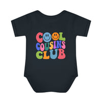 Infant Cool Cousins Club Onesie with lap shoulders, made of soft, ring-spun cotton for comfort. Unisex fit, tear-away label, ideal for minimizing irritation.