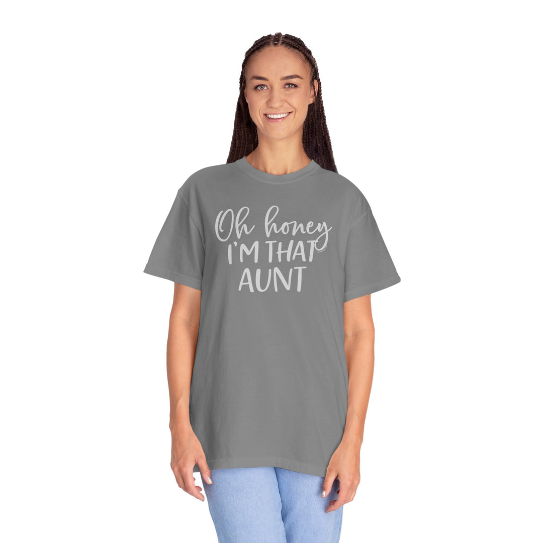 Aunt-themed tee in ring-spun cotton, garment-dyed for coziness. Relaxed fit, double-needle stitching for durability, no side-seams for shape retention. From 'Worlds Worst Tees'.