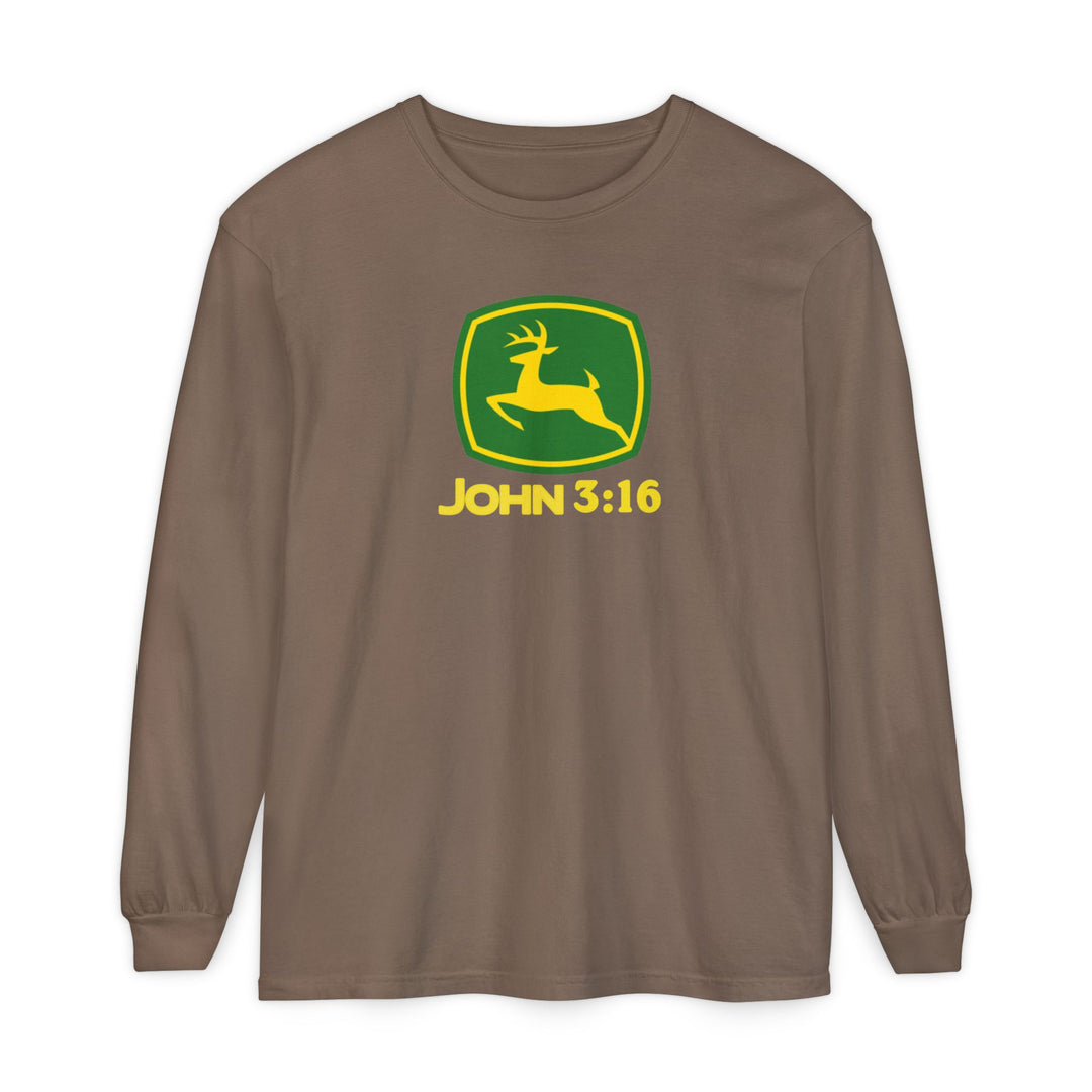 John 3:16 Long Sleeve Tee featuring a stylized deer logo on chest, reminiscent of John Deere, offering comfort with 100% cotton garment-dyed fabric and classic fit.