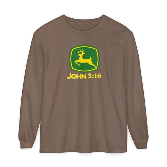 John 3:16 Long Sleeve Tee featuring a stylized deer logo on chest, reminiscent of John Deere, offering comfort with 100% cotton garment-dyed fabric and classic fit.