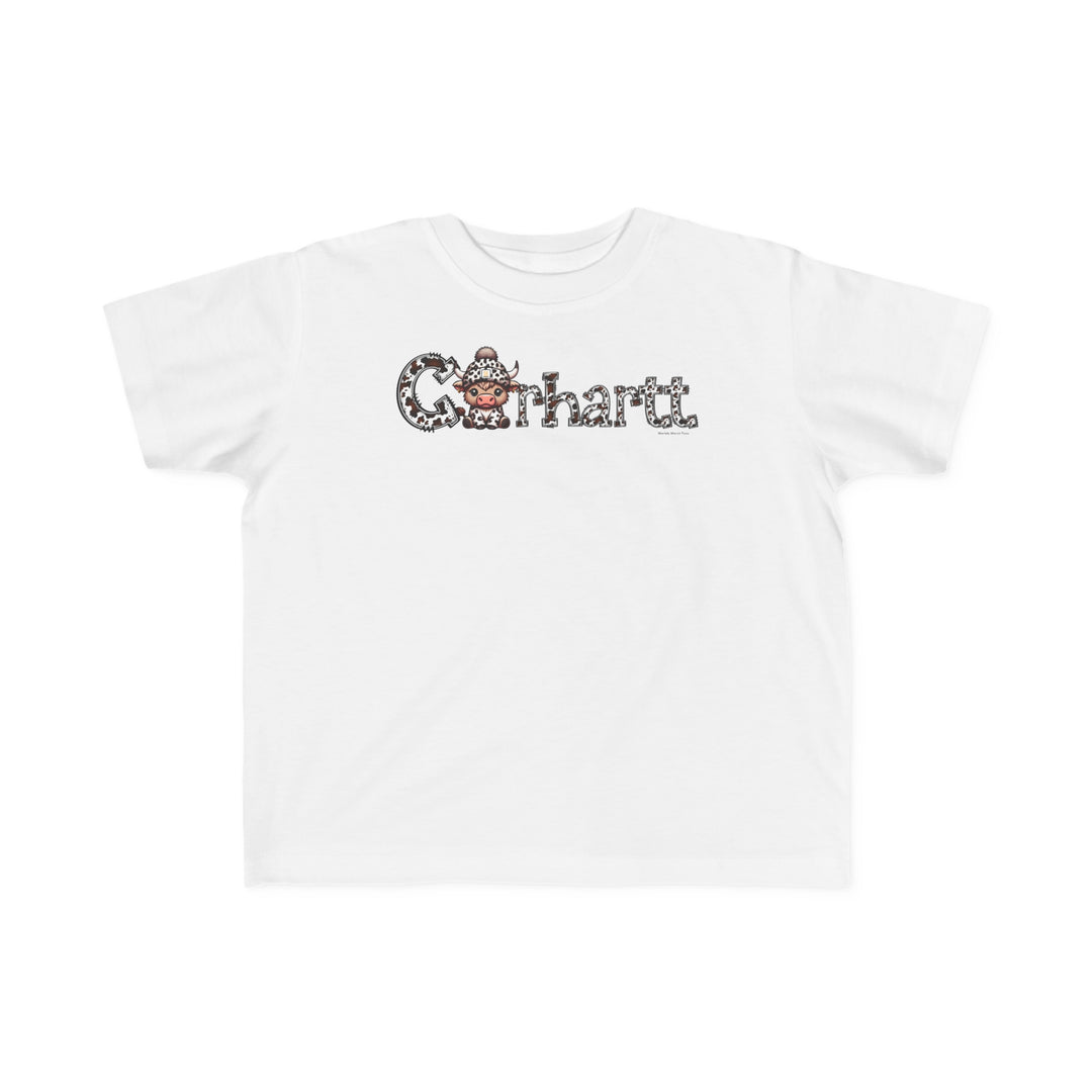 Cowhartt Cow Toddler Tee: A white t-shirt featuring a cartoon cow with horns and a hat, perfect for sensitive toddler skin. 100% combed ringspun cotton, light fabric, tear-away label, classic fit.