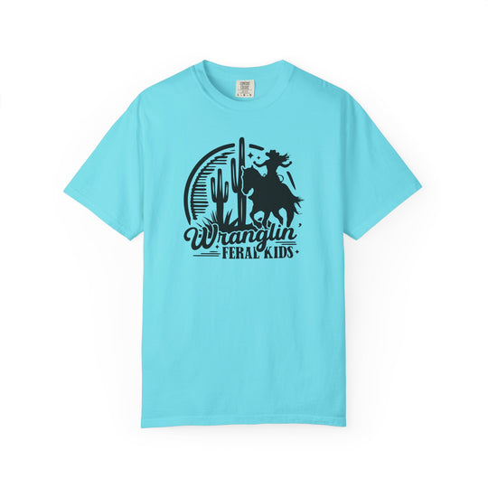 Wranglin' Feral Kids Tee featuring a western-style black graphic of a child on horseback with cacti and a sun, on a soft Comfort Colors t-shirt.