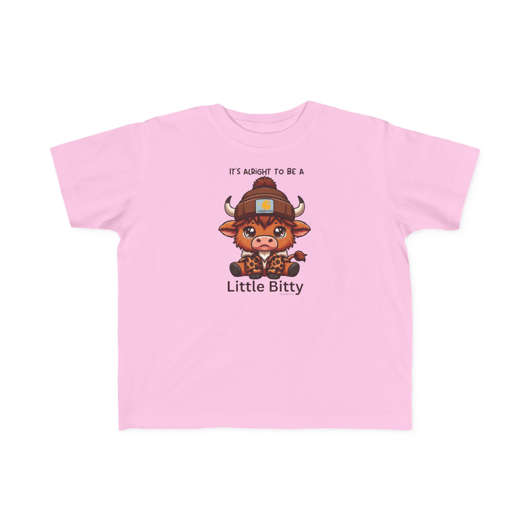 Little Bitty Toddler Tee featuring a cartoon cow design on pink fabric. 100% combed ringspun cotton, light fabric, tear-away label, classic fit. Available in sizes 2T to 5-6T.