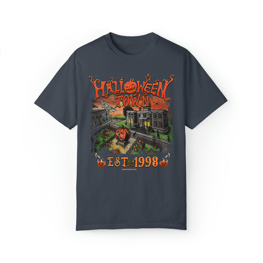 A Halloweentown Tee featuring a house and pumpkin graphic design on a garment-dyed sweatshirt. Unisex, relaxed fit, 80% ring-spun cotton, 20% polyester fabric. Perfect for Halloween enthusiasts.