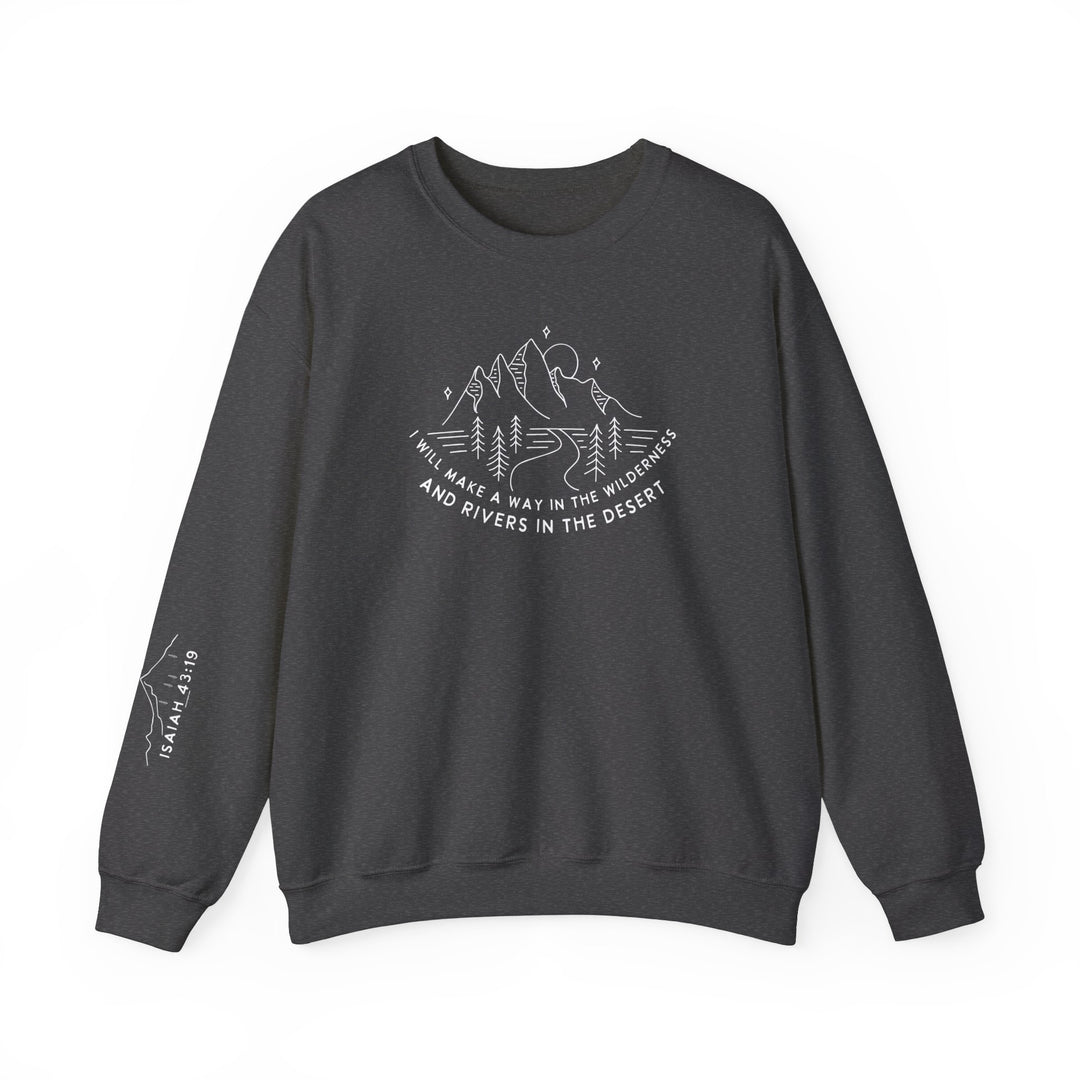 A unisex heavy blend crewneck sweatshirt from Worlds Worst Tees, featuring a logo with mountains and trees, made of 50% cotton and 50% polyester fabric for ultimate comfort and durability.