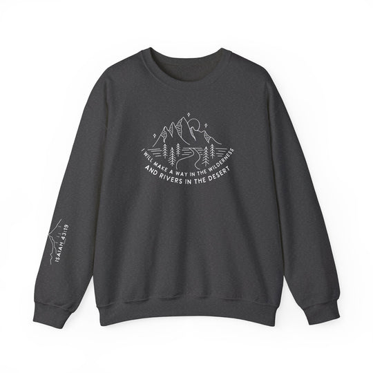 A unisex heavy blend crewneck sweatshirt from Worlds Worst Tees, featuring a logo with mountains and trees, made of 50% cotton and 50% polyester fabric for ultimate comfort and durability.