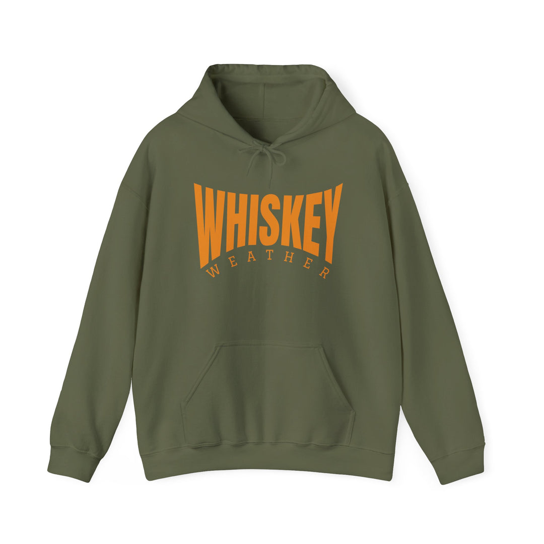 Olive-green Whiskey Weather Hoodie with orange arched lettering, kangaroo pocket, and drawstring hood; unisex, cozy cotton-polyester blend from Worlds Worst Tees.